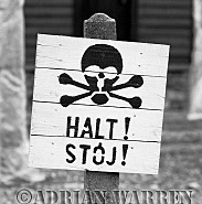 Halt! sign deterring prisoners from venturing near the 6,000 volt perimeter fence