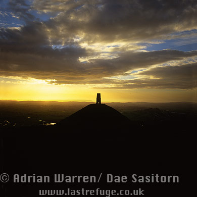 Aerial image of Glastonbury Tor at sunset, Somerset