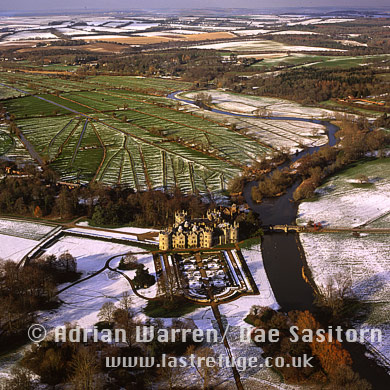 Aerial image of Longford Castle in snow, Wiltshire