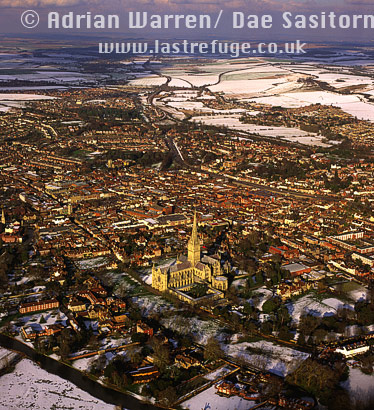 Aerial view of Salisbury and Salisbury Cathedral in snow, Wiltshire, England