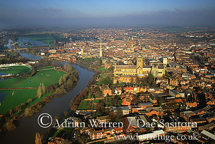 Aerial image of Worcester and its cathedral, Worcestershire, England