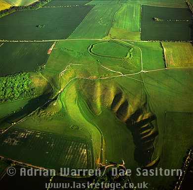 Aerial image of Uffington White Horse and Uffington Castle hillfort, Oxfordshire, England