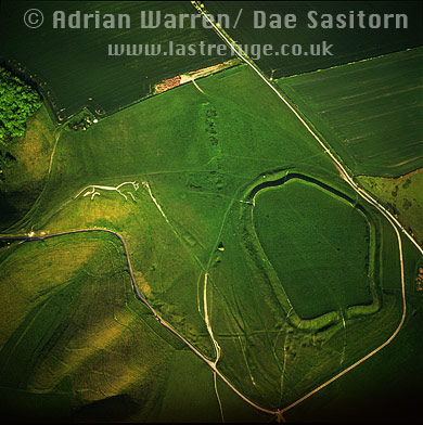 Aerial image of Uffington White Horse and Uffington Castle hillfort, Oxfordshire, England
