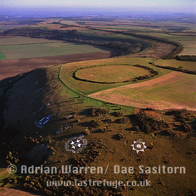 Aerial view of Fovant Badges (Regimental Badges) and Hllfort, Chiselbury, Fovant Down, Wiltshire